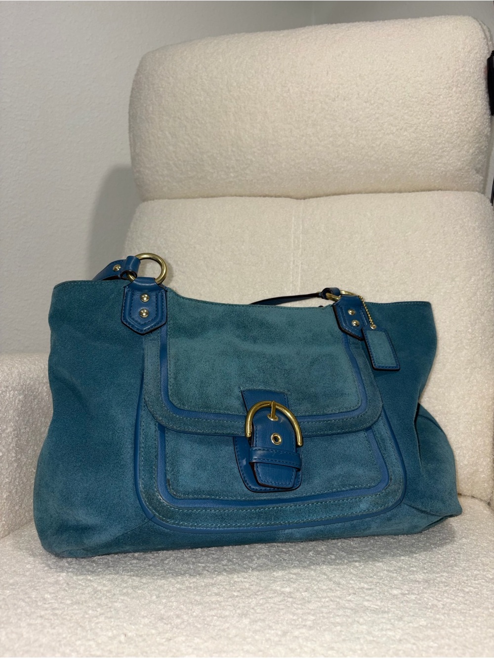 Coach Teal Blue Suede Shoulder Bag with Gold Hardware